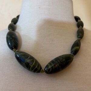Marbled Olive Green Black Resin Chunky Bead Statement Necklace Adjustable‎